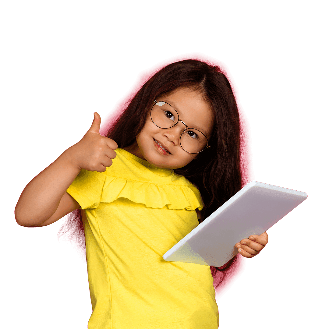 Menina de camiseta amarela com tablet